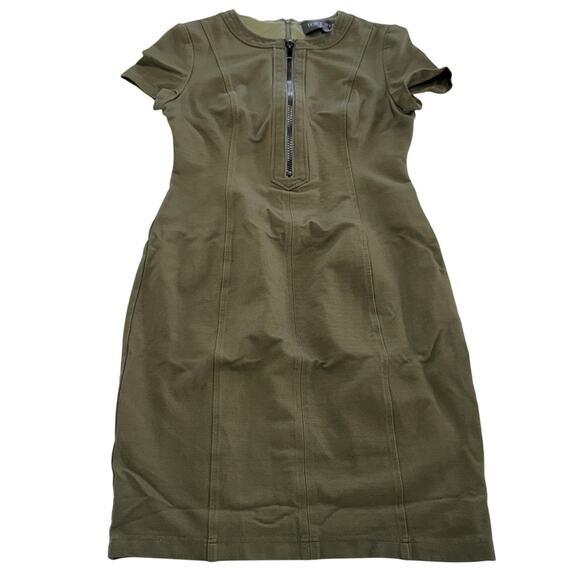 Toccin NY Dress Womens 8 Olive Green Short Sleeve Zip Front Fitted Sheath Career - Picture 2 of 10